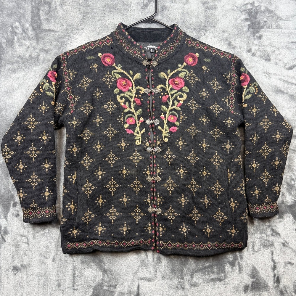 Icelandic Design Cardigan Womens Large Black Floral Embroidered Wool Metal Clasp